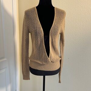 American Rag light weight tan Open Knit Crochet cross over wrap sweater. Medium